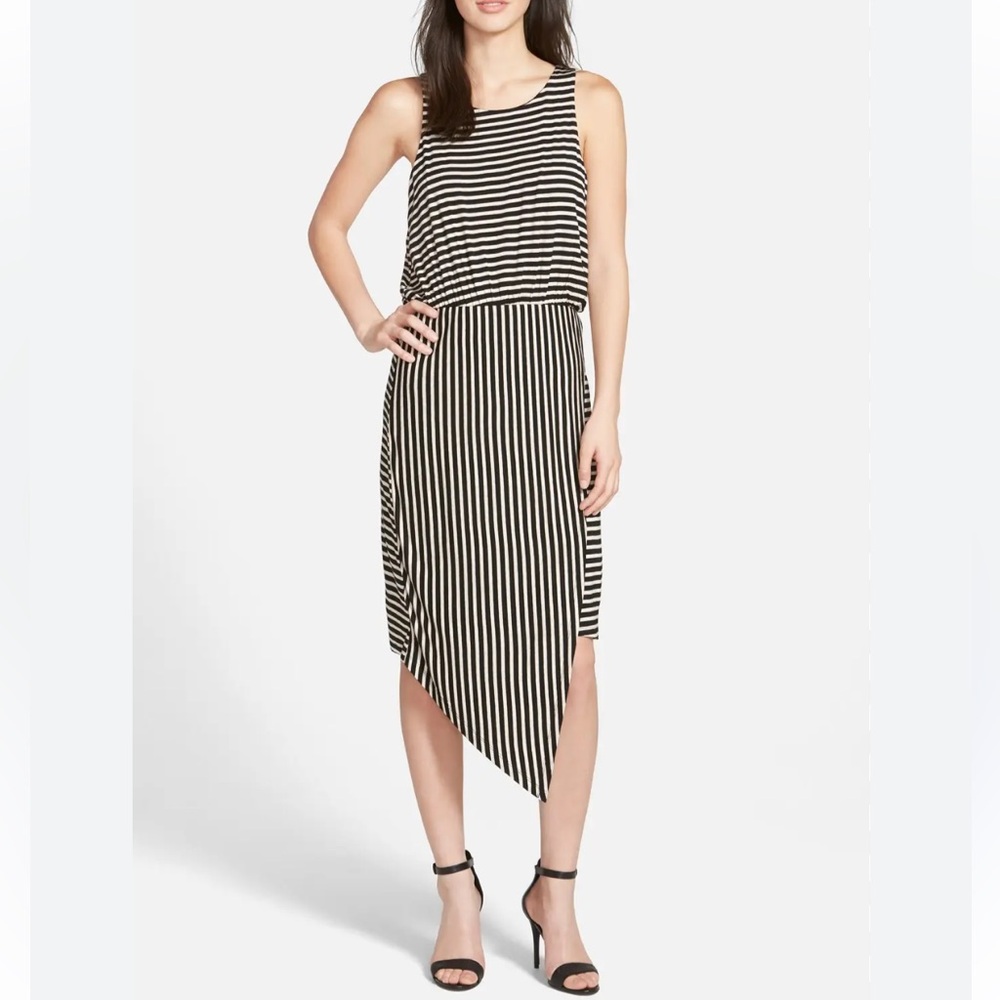Bobeau Gray & Black Striped Sleeveless Knit Asymmetrical Hem Dress, Size Small